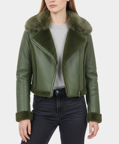 Cropped Shearling Jacket w/ Fox Fur Trim image 1
