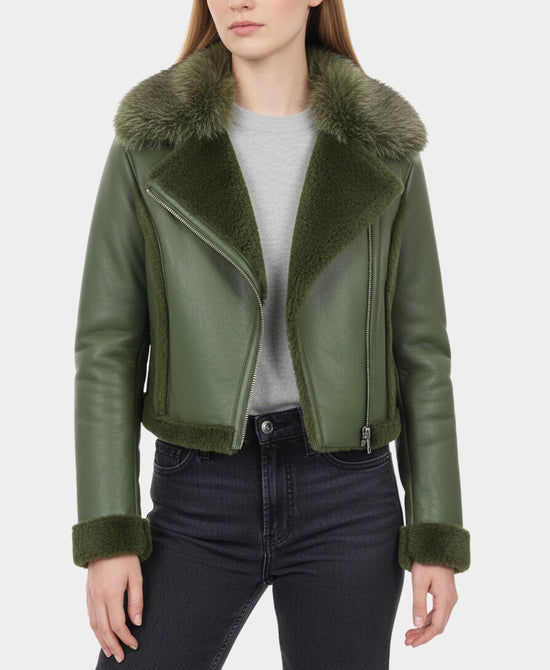 Cropped Shearling Jacket w/ Fox Fur Trim view 