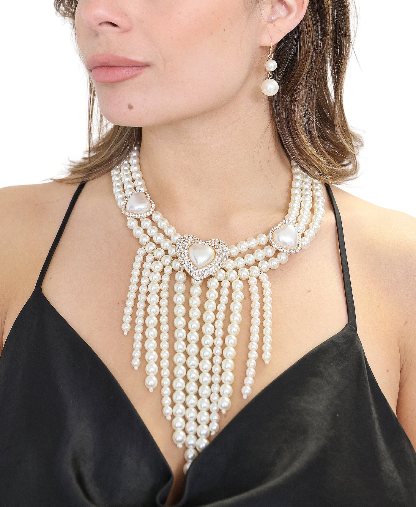 Faux Pearl & Heart Necklace & Earrings Set image 1