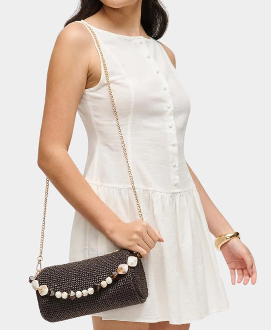 
Straw Clutch Bag w/ Beaded Handle in CHOCOLATE view 2