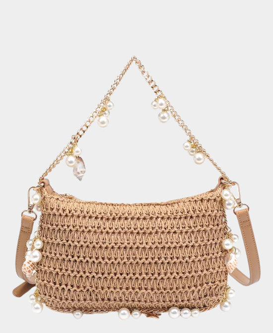 Straw Handbag w/ Seashells & Pearls view 1