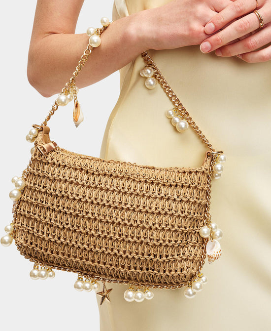 Straw Handbag w/ Seashells & Pearls view 2
