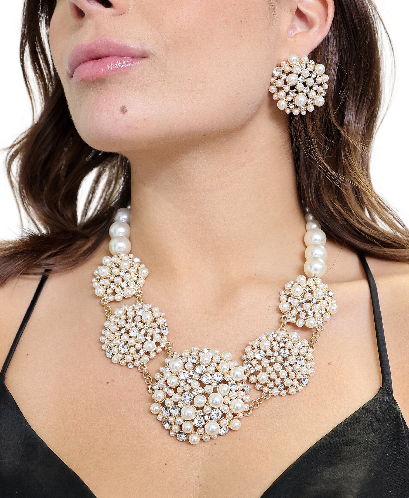 Faux Pearl & Rhinestone Necklace & Earrings Set image 1