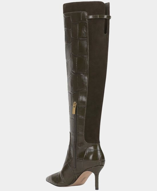
Leather & Suede Croc Print Over The Knee Buckle Boot in OLIVE view 2