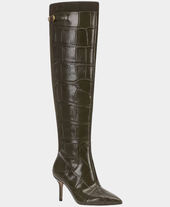 
Leather & Suede Croc Print Over The Knee Buckle Boot in OLIVE view 1