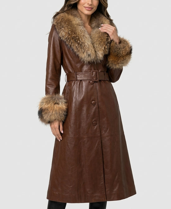 
Leather Coat w/ Fur Trim in BROWN view 1