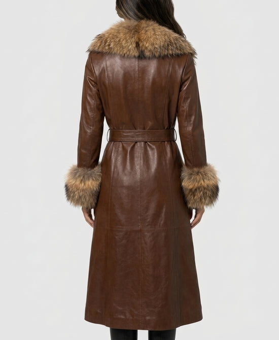 
Leather Coat w/ Fur Trim in BROWN view 2