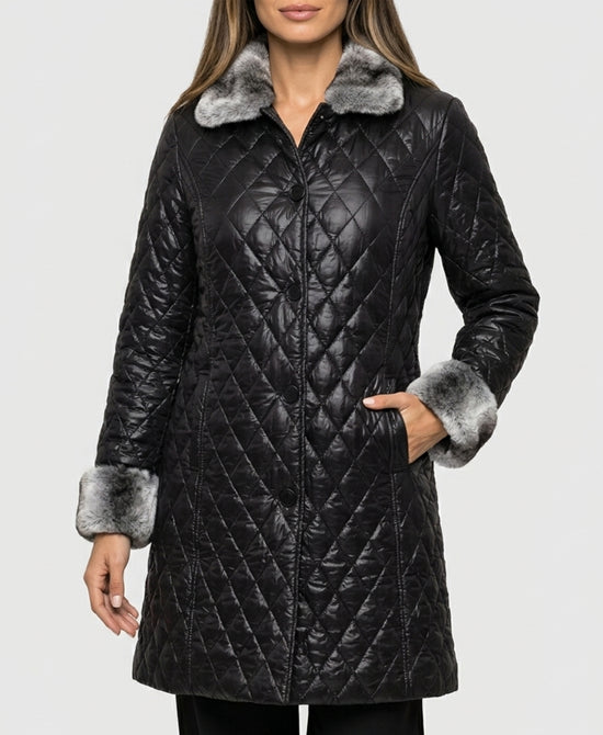 
Quilted Coat w/ Fur Trim in BLACK view 1
