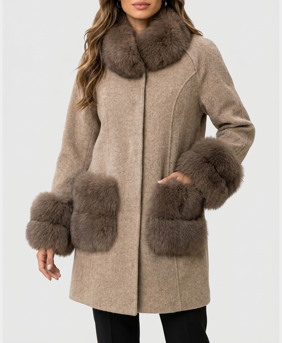 
Cashmere Coat w/ Fox Fur Trim in OAT/OAT view 1