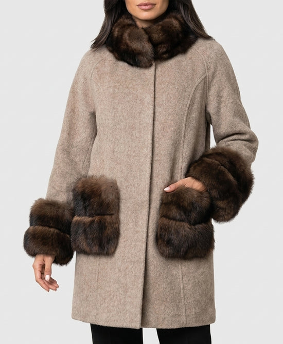 
Cashmere Coat w/ Fox Fur Trim in OAT/BROWN view 1