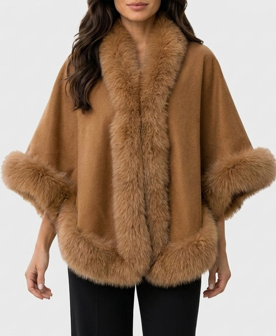 
Cashmere Cape w/ Fox Fur Trim in CAMEL view 1