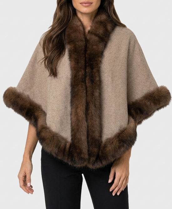 
Cashmere Cape w/ Fox Fur Trim in OAT/BROWN view 1