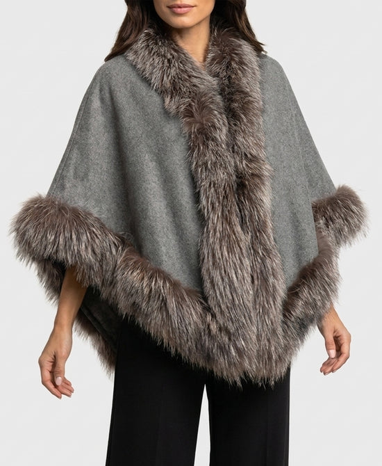 
Cashmere Cape w/ Fox Fur Trim in GREY view 1