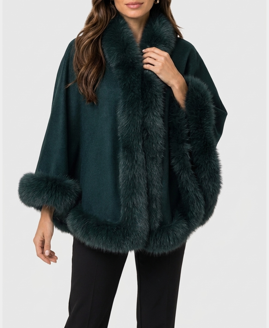 
Cashmere Cape w/ Fox Fur Trim in EMERALD GREEN view 1