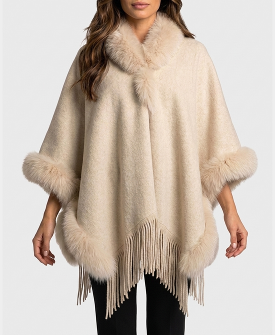 
Cashmere Blend Cape w/ Fox Fur Trim & Fringe in BEIGE view 1