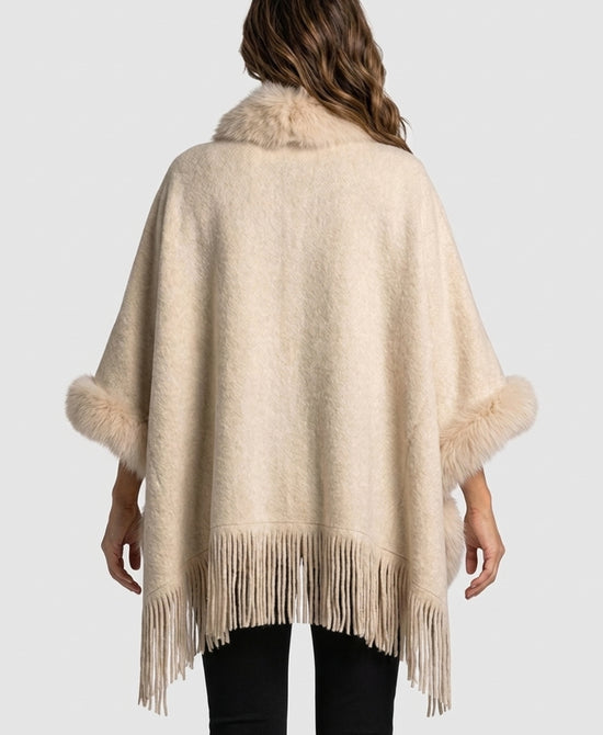 
Cashmere Blend Cape w/ Fox Fur Trim & Fringe in BEIGE view 2
