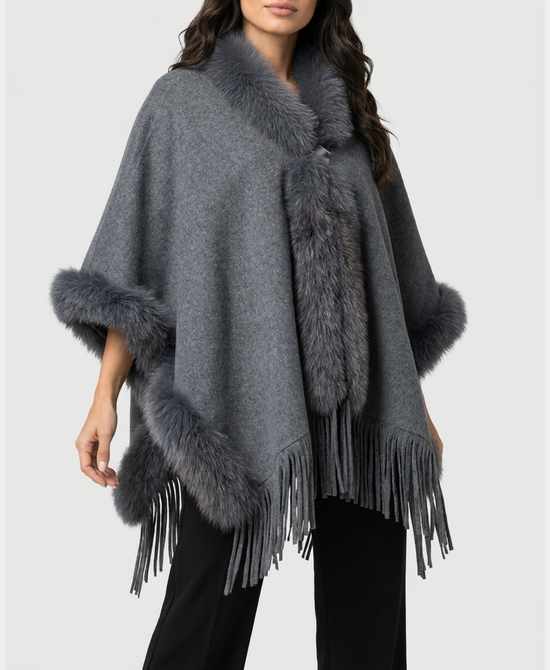 
Cashmere Blend Cape w/ Fox Fur Trim & Fringe in GREY view 1