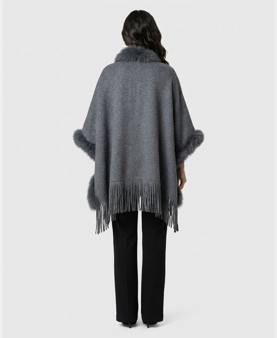 
Cashmere Blend Cape w/ Fox Fur Trim & Fringe in GREY view 2