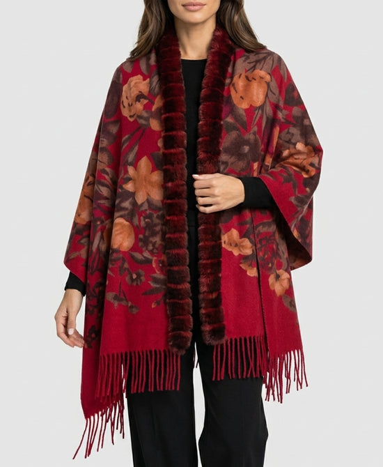 
Cashmere Blend Cape w/ Fur Trim & Fringe in RED MULTI view 1