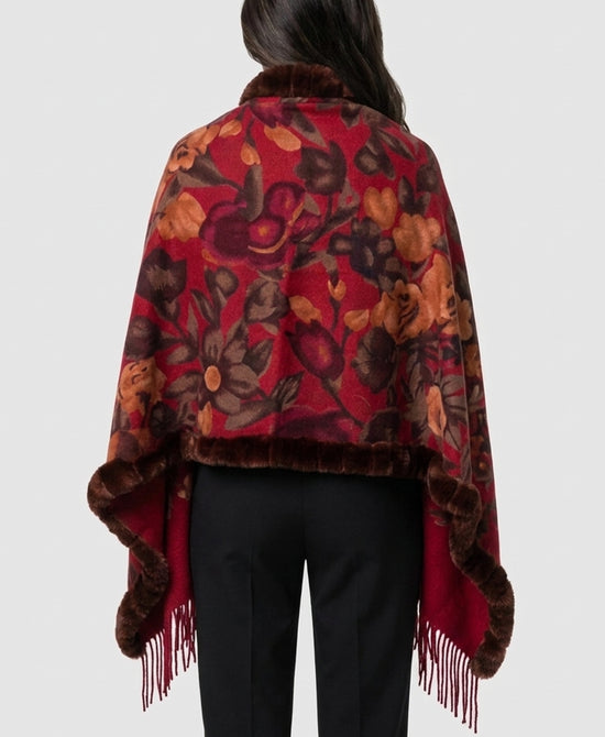 
Cashmere Blend Cape w/ Fur Trim & Fringe in RED MULTI view 2