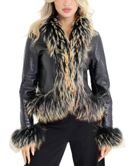 Embossed Leather Jacket w/ Fox Fur Trim view 1