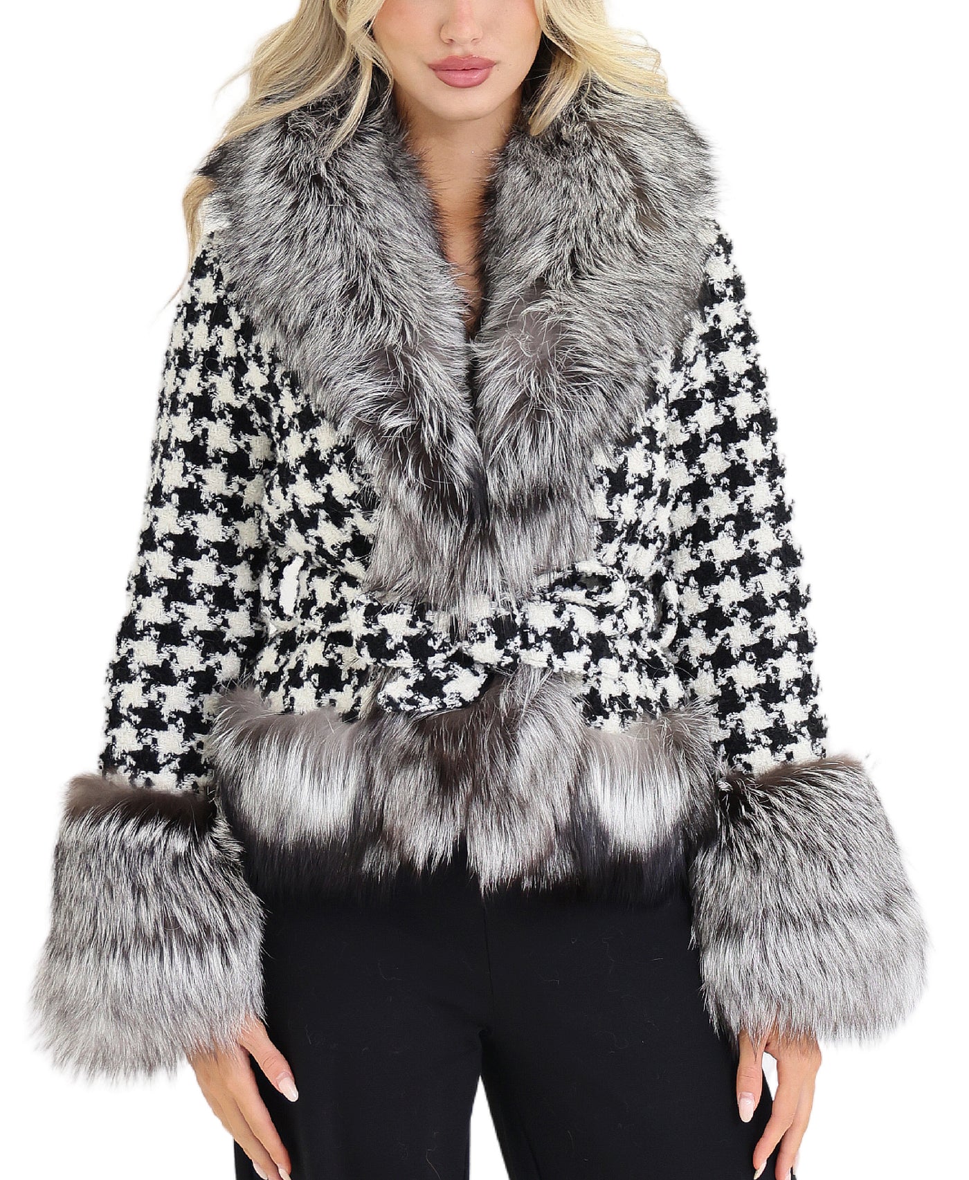 Houndstooth Jacket w/ Fox Fur Trim view 1