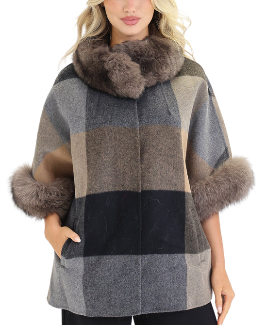 Plaid Cashmere Cape w Fox Fur view 1