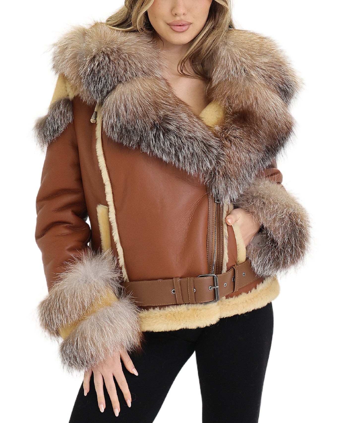 Shearling Hooded Jacket w/ Fox Fur Trim view 1