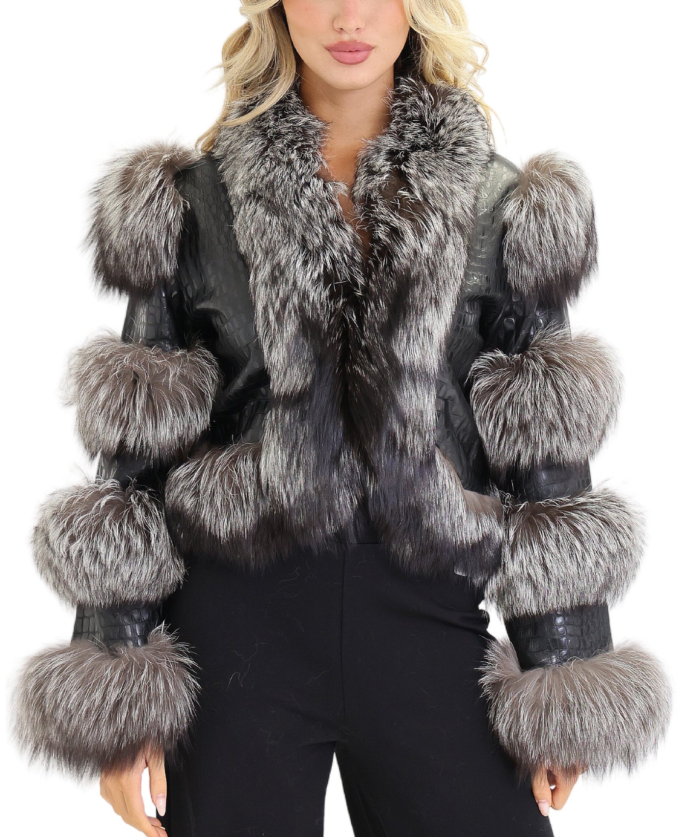 Croc Embossed Leather Jacket w/ Fox Fur Trim view 1