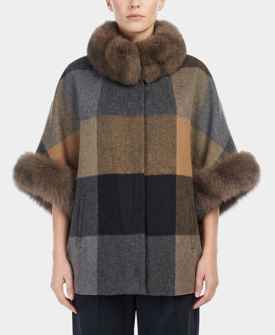 Plaid Cashmere Coat w/ Fox Fur Trim view 