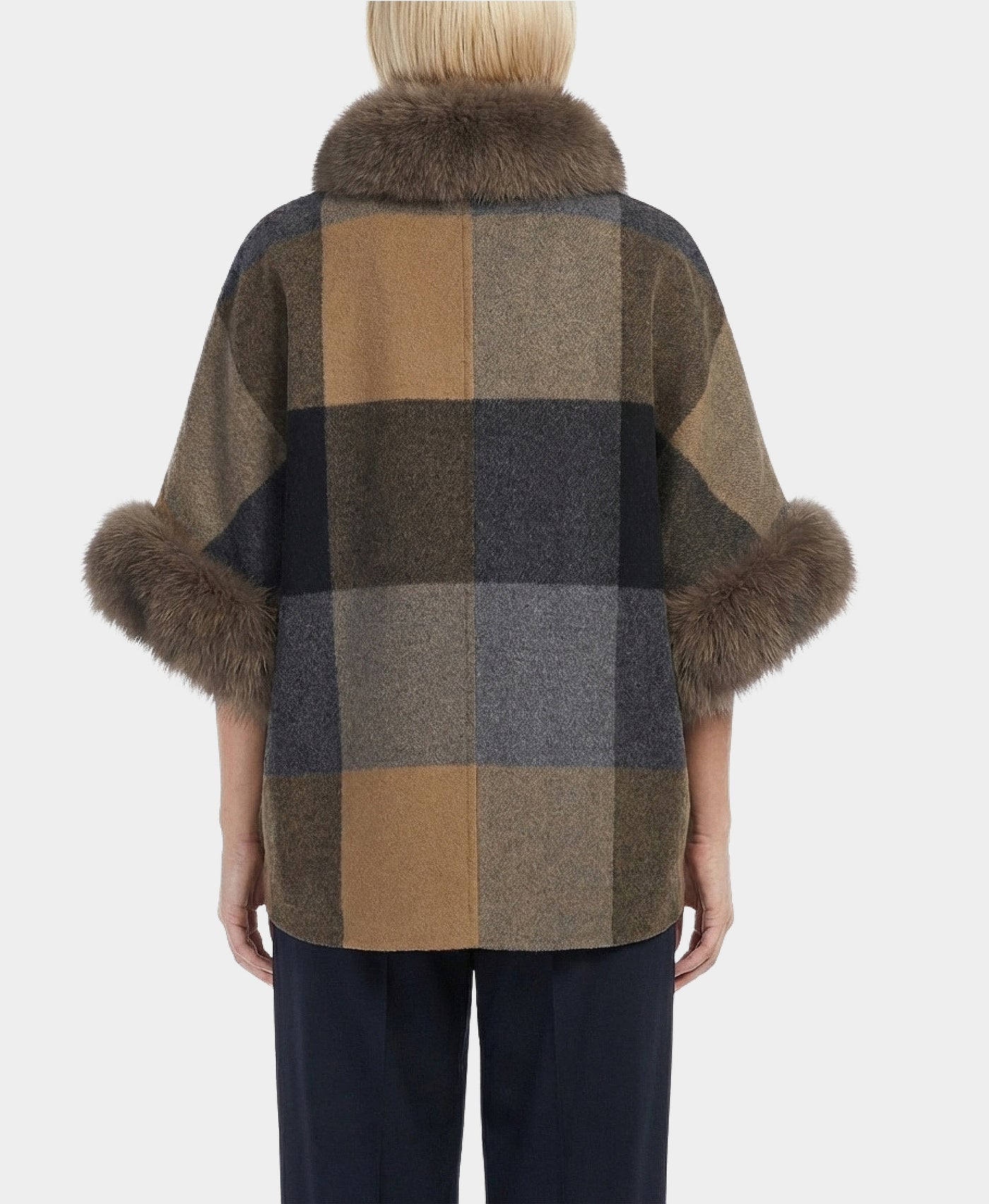 Plaid Cashmere Coat w/ Fox Fur Trim view 2