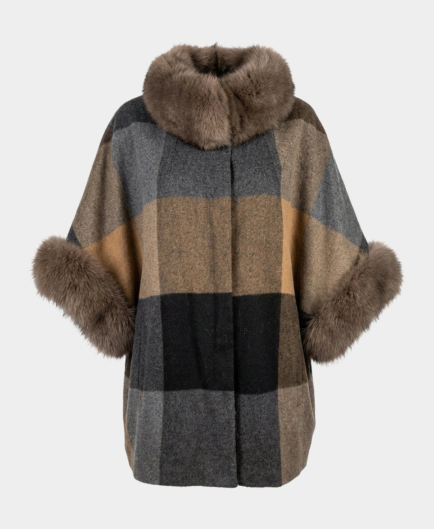 Plaid Cashmere Coat w/ Fox Fur Trim view 3