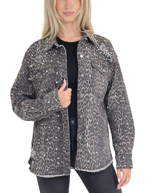 Leopard Denim Shacket w/ Rhinestones view 