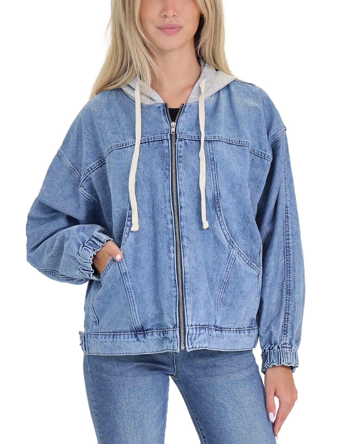 Denim Jacket w/ Knit Trim & Hood view 1
