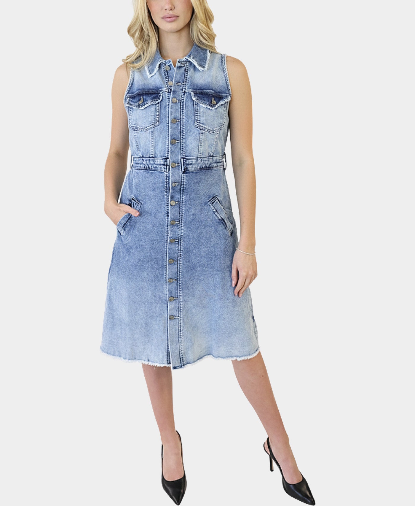 Denim Sleeveless Frayed Dress L / Rafting Blue