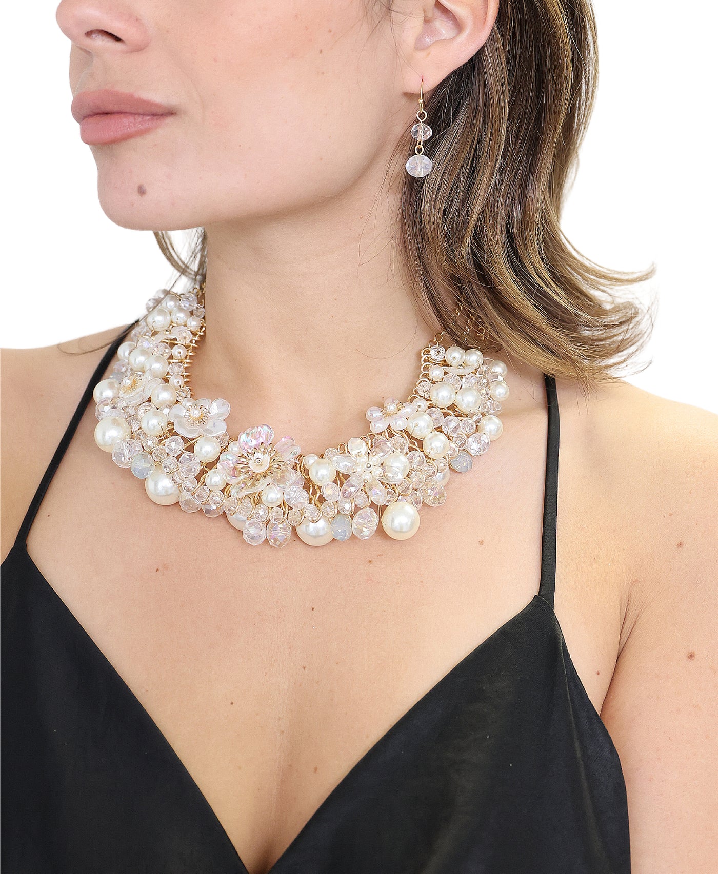 Chunky Flower & Faux Pearl Necklace & Earrings Set image 1