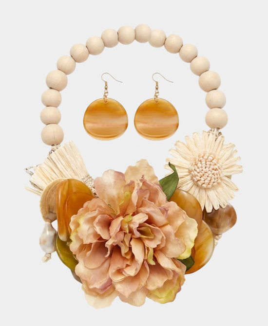 
Beaded Flower Statement Necklace & Earrings Set in IVORY view 2