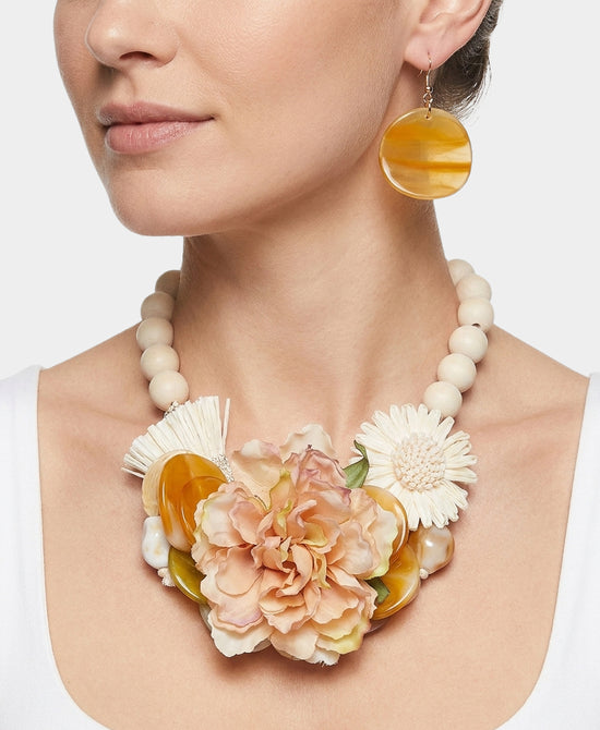 
Beaded Flower Statement Necklace & Earrings Set in IVORY view 1