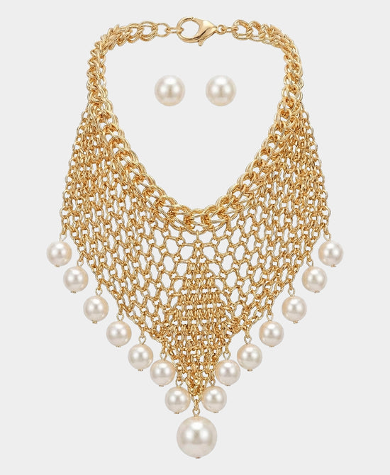 
Mesh Pearl Statement Necklace & Stud Earrings Set in GOLD/PEARL view 2