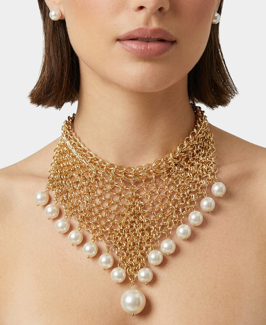 
Mesh Pearl Statement Necklace & Stud Earrings Set in GOLD/PEARL view 1