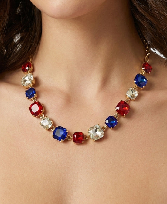 
Crystal Paperclip Chain Necklace in RED/BLUE view 1