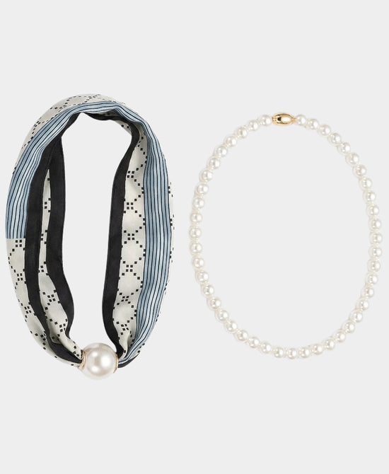 
Set Of 2 Printed Scarf & Pearl Beaded Necklace in BLUE MULTI view 2