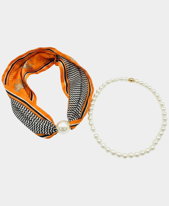 
Set Of 2 Scarf & Pearl Beaded Necklace in ORANGE view 2