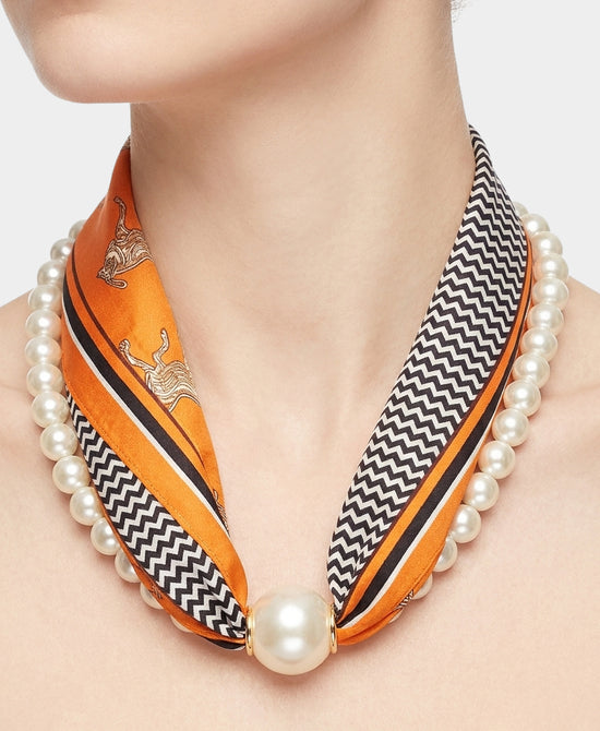 
Set Of 2 Scarf & Pearl Beaded Necklace in ORANGE view 1