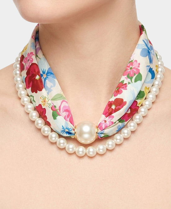 
Set Of 2 Floral Scarf & Pearl Beaded Necklace in MULTI view 1