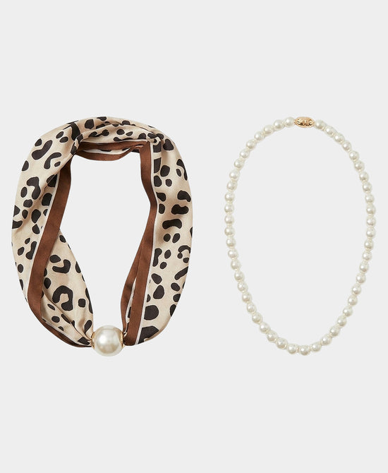 
Set Of 2 Animal Printed Scarf & Pearl Beaded Necklace in BROWN view 2