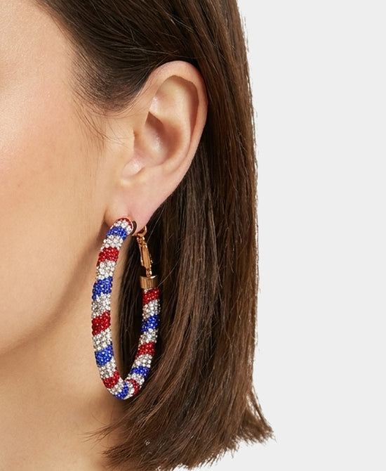 
Large Crystal Hoop Earrings in RED/SILVER/BLUE view 1
