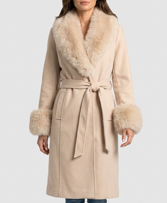 
Cashmere Blend Coat w/ Fox Fur Trim in BEIGE view 1