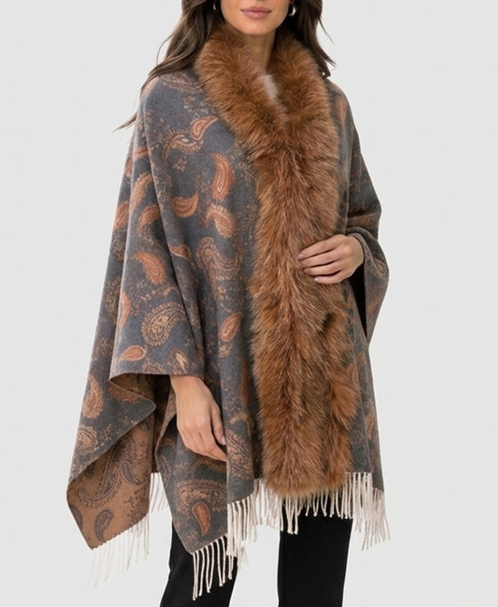 
Cashmere Blend Cape w/ Fox Fur Trim & Fringe in MULTI view 1