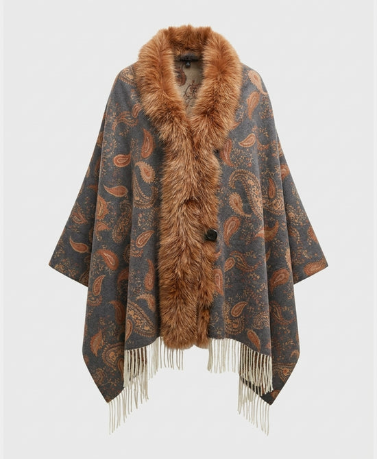 
Cashmere Blend Cape w/ Fox Fur Trim & Fringe in MULTI view 2